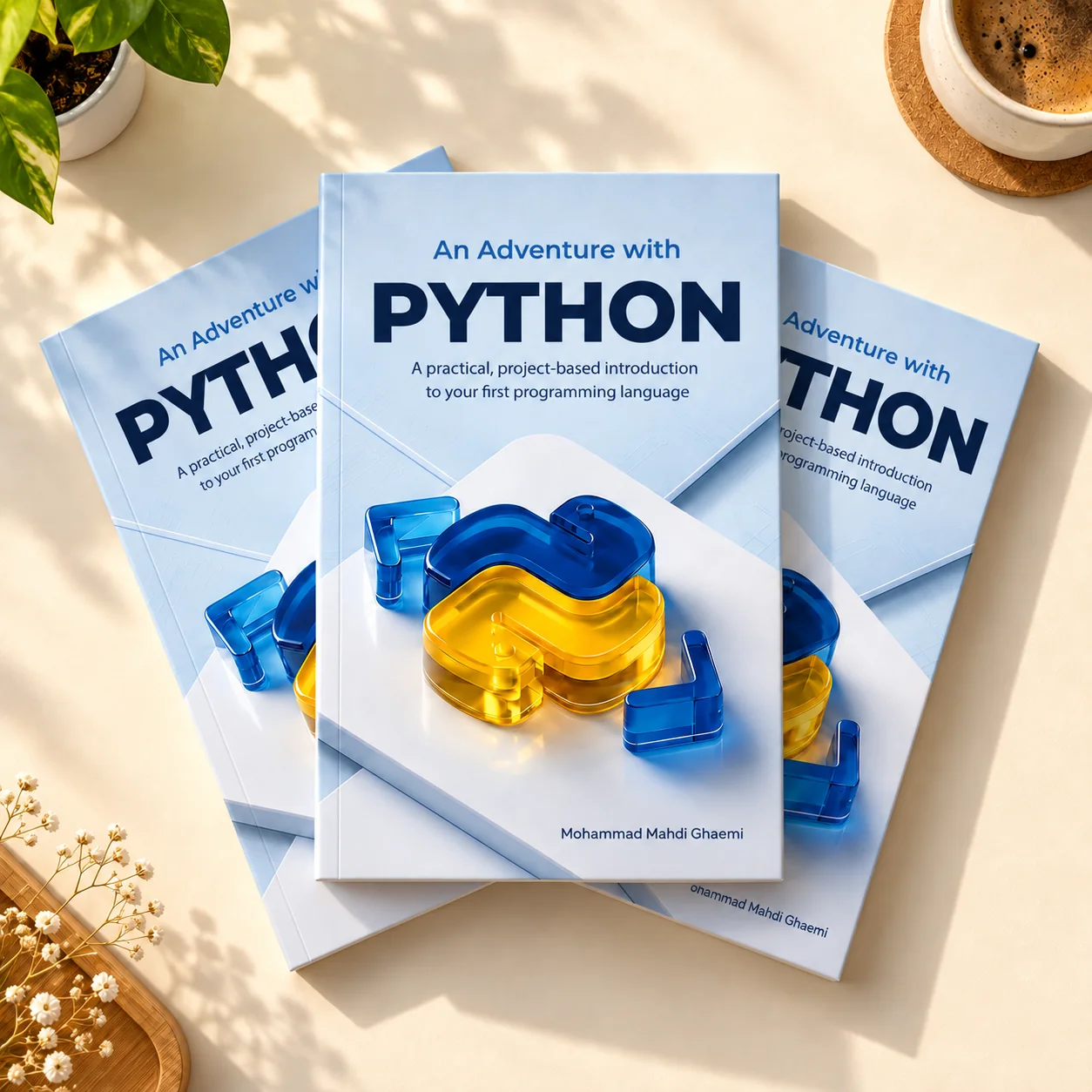 Three copies of An Adventure with Python beside a cup of coffee